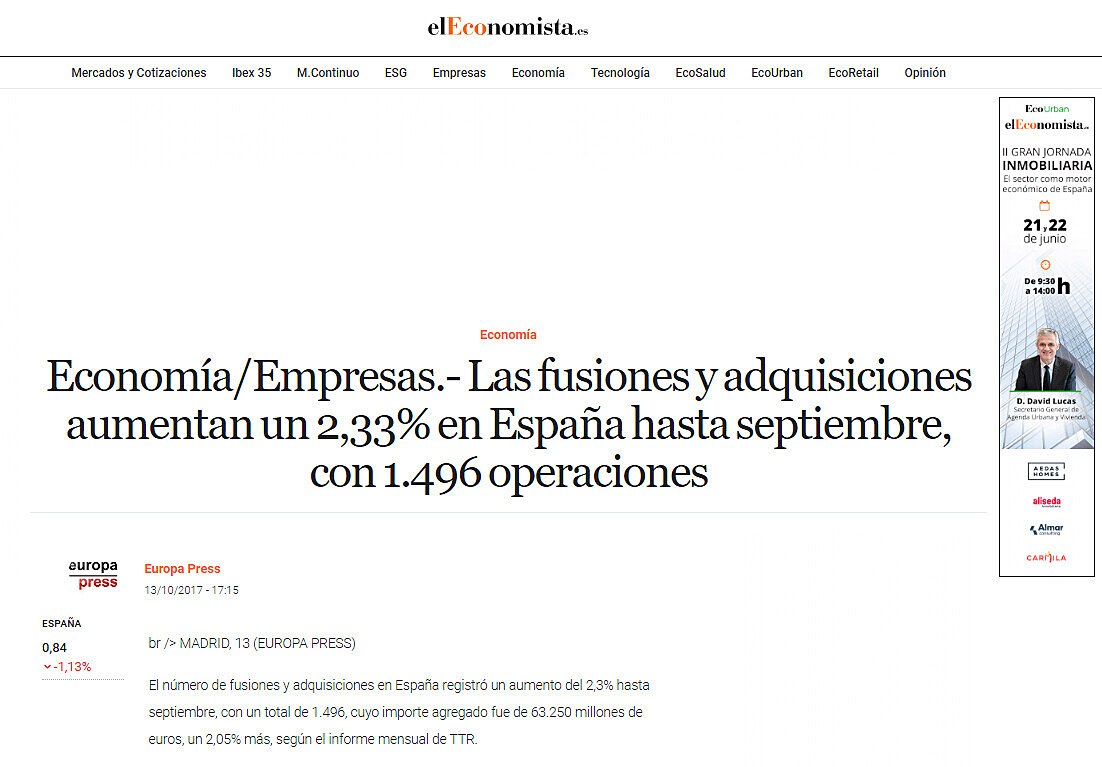 Las fusiones y adquisiciones aumentan un 2,33% en España hasta septiembre, con 1.496 operaciones